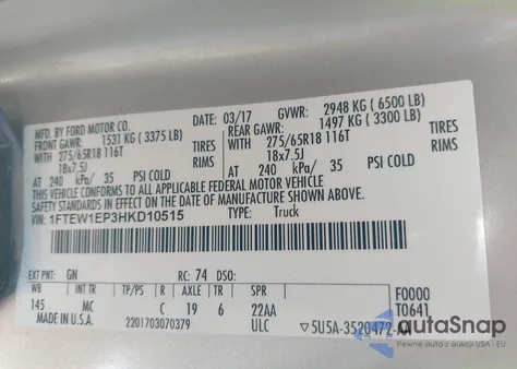 2017 Ford F-150 Xlt from USA, damaged, VIN 1FTEW1EP3HKD10515